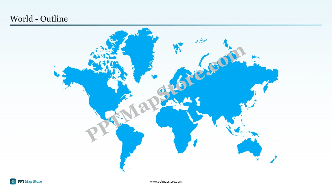 Editable PowerPoint outline map of the world, blank silhouette built from recolourable vector shapes